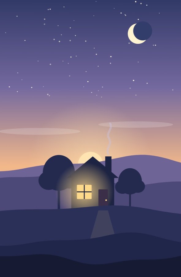 A small house with a lit window at dusk